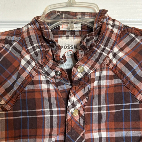 Fossil men’s brown long sleeve pearl snap vintage fit shirt size large - Picture 2 of 10